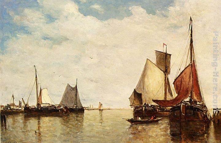 Paul-Jean Clays Moored Ships In A Small Harbour